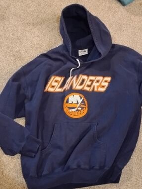 Majestic Navy Blue Islanders Crewneck Hoodie with Gold Accent